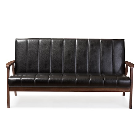 Baxton Studio Nikko Mid-century Black Faux Leather Wooden 3-Seater Sofa 121-6748